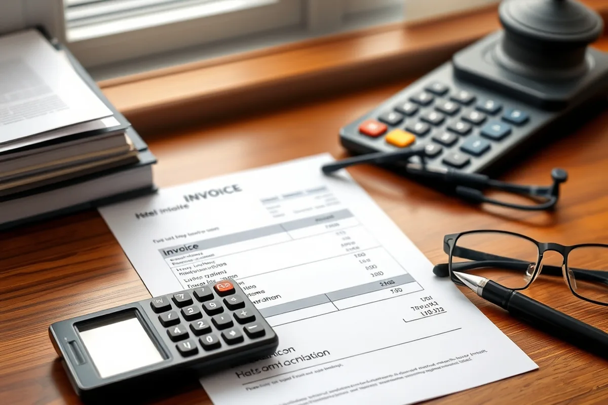 Hotel invoice and calculator on a desk with reading glasses and a pen