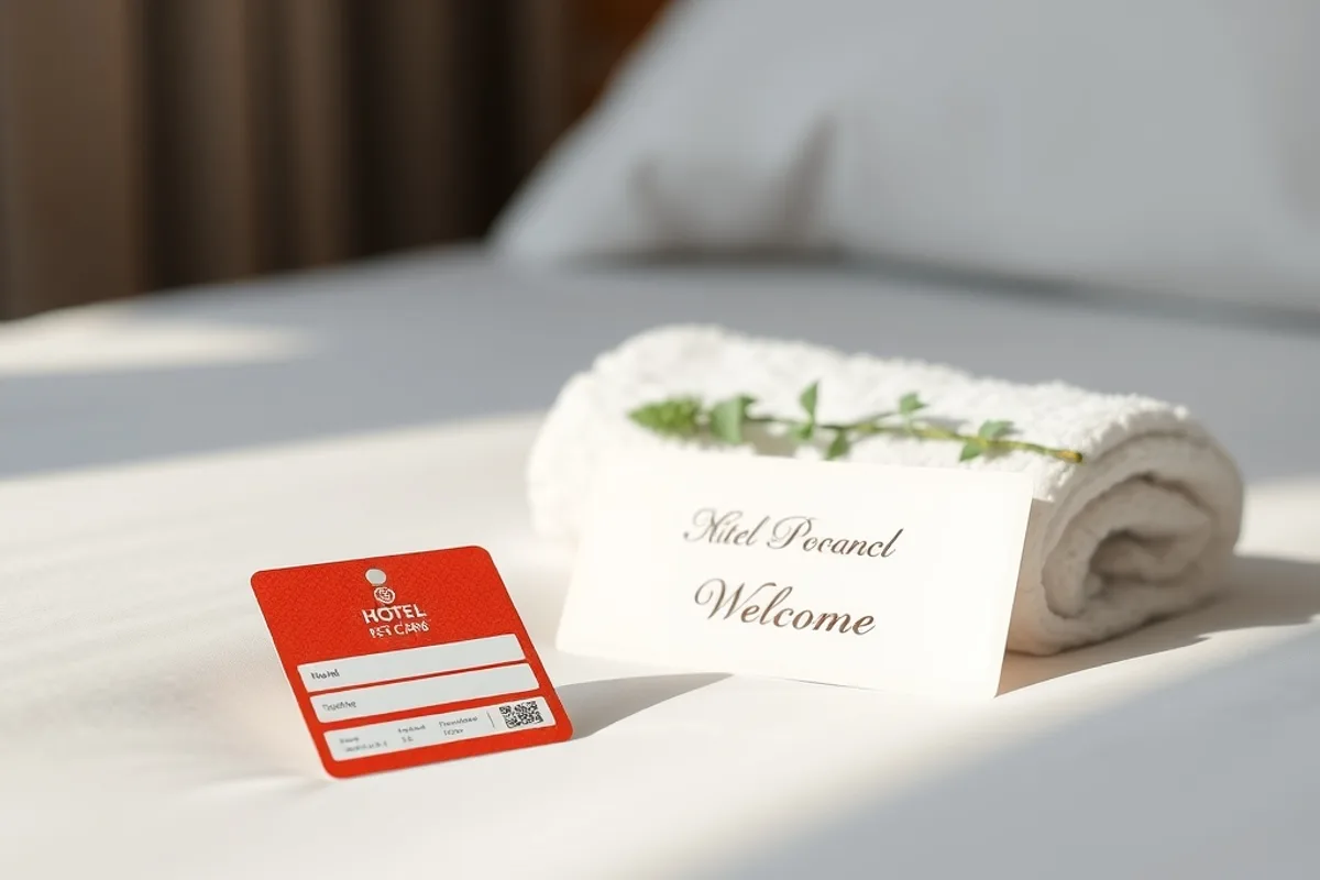 Hotel key card and welcome card on a neatly made bed