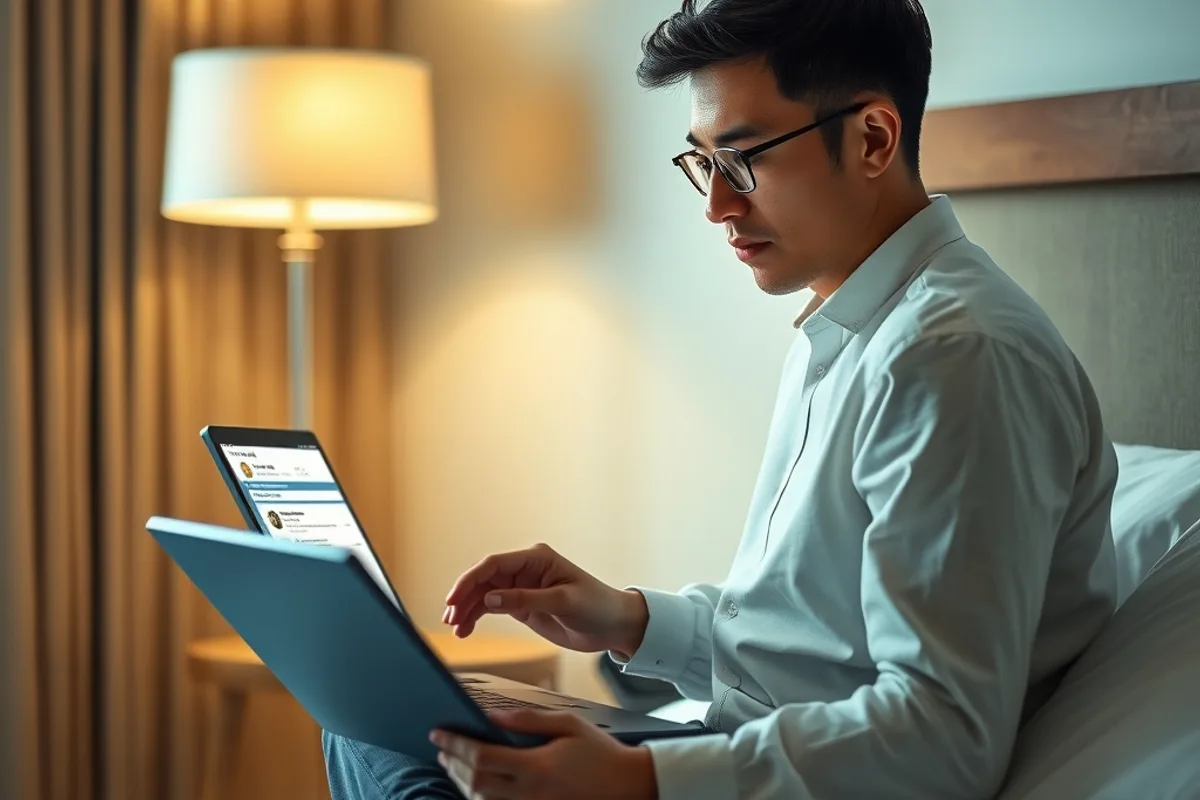 Traveller reading hotel reviews on a laptop while sitting on a hotel bed