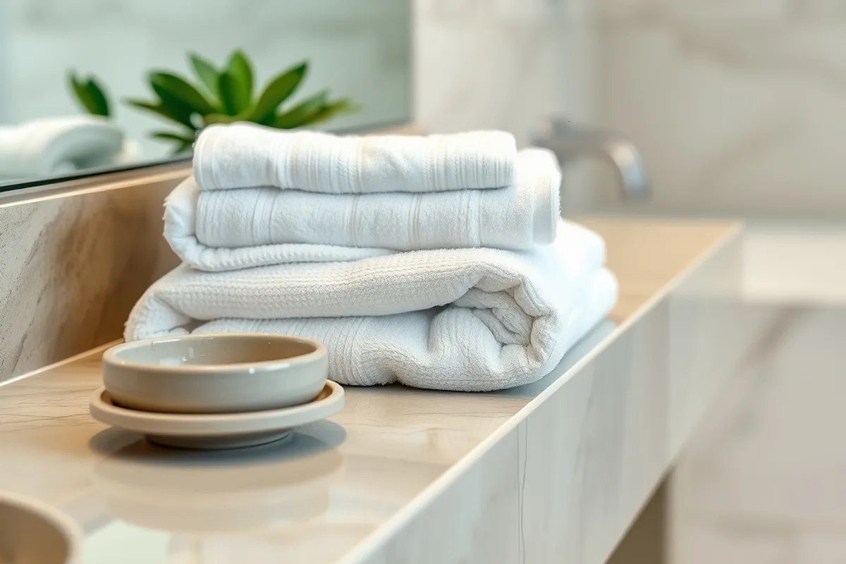 Hotel bathroom counter with folded white towels and a small plant
