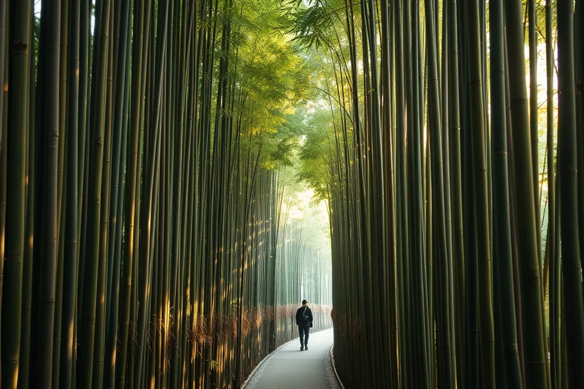 Narrow bamboo grove path in Arashiyama Kyoto with soft morning light
