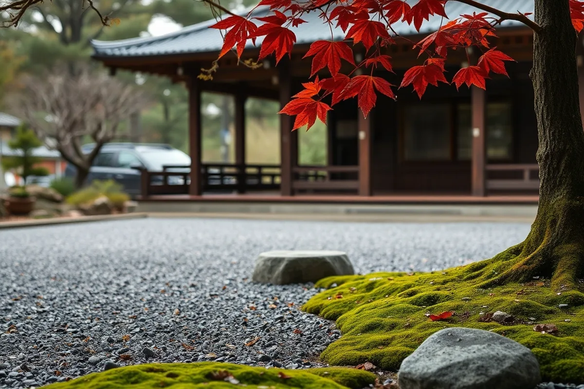 Quiet zen temple garden in Kyoto with raked gravel moss and a red maple branch