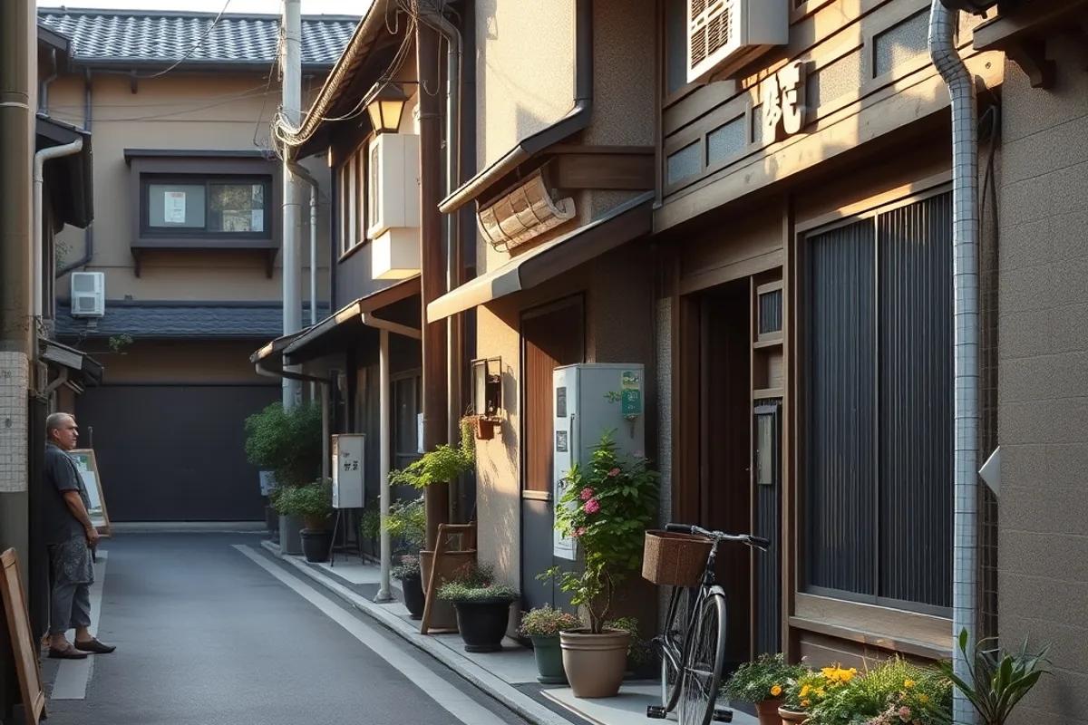 Quiet residential Kyoto street with traditional wooden houses and a bicycle