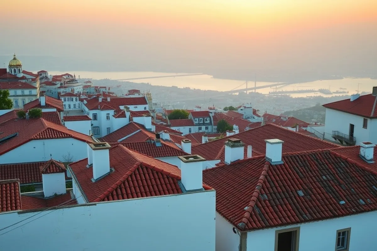 Alfama rooftops at sunset seen from a Lisbon viewpoint