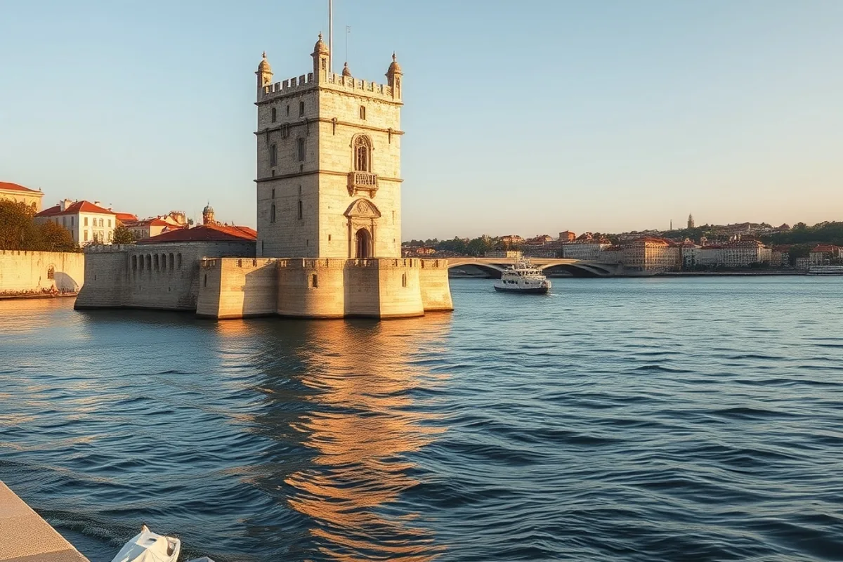 Belem Tower beside the calm river in Lisbon at late-afternoon light