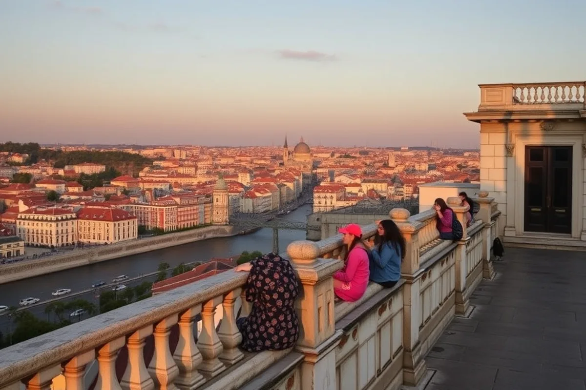 People on a Lisbon viewpoint terrace looking over the city and river at sunset