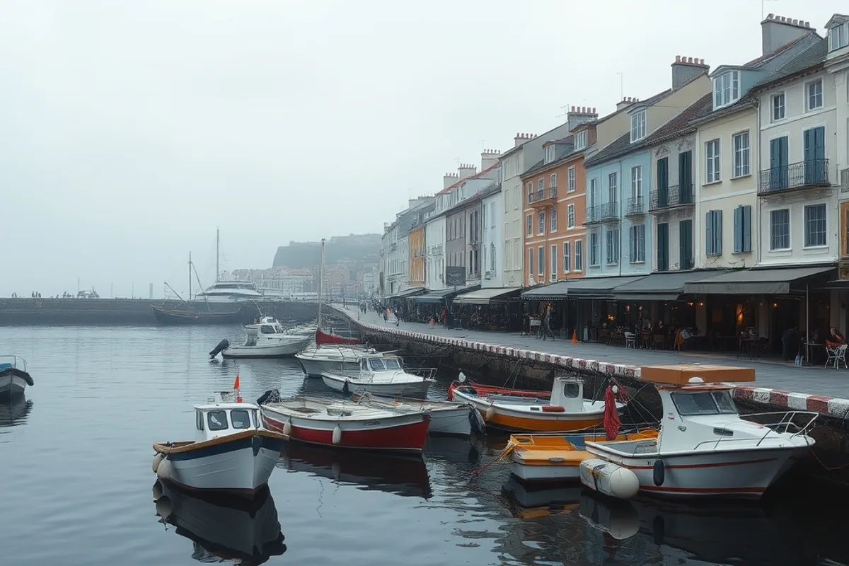 Quiet coastal harbour town in the off-season with closed cafe terraces