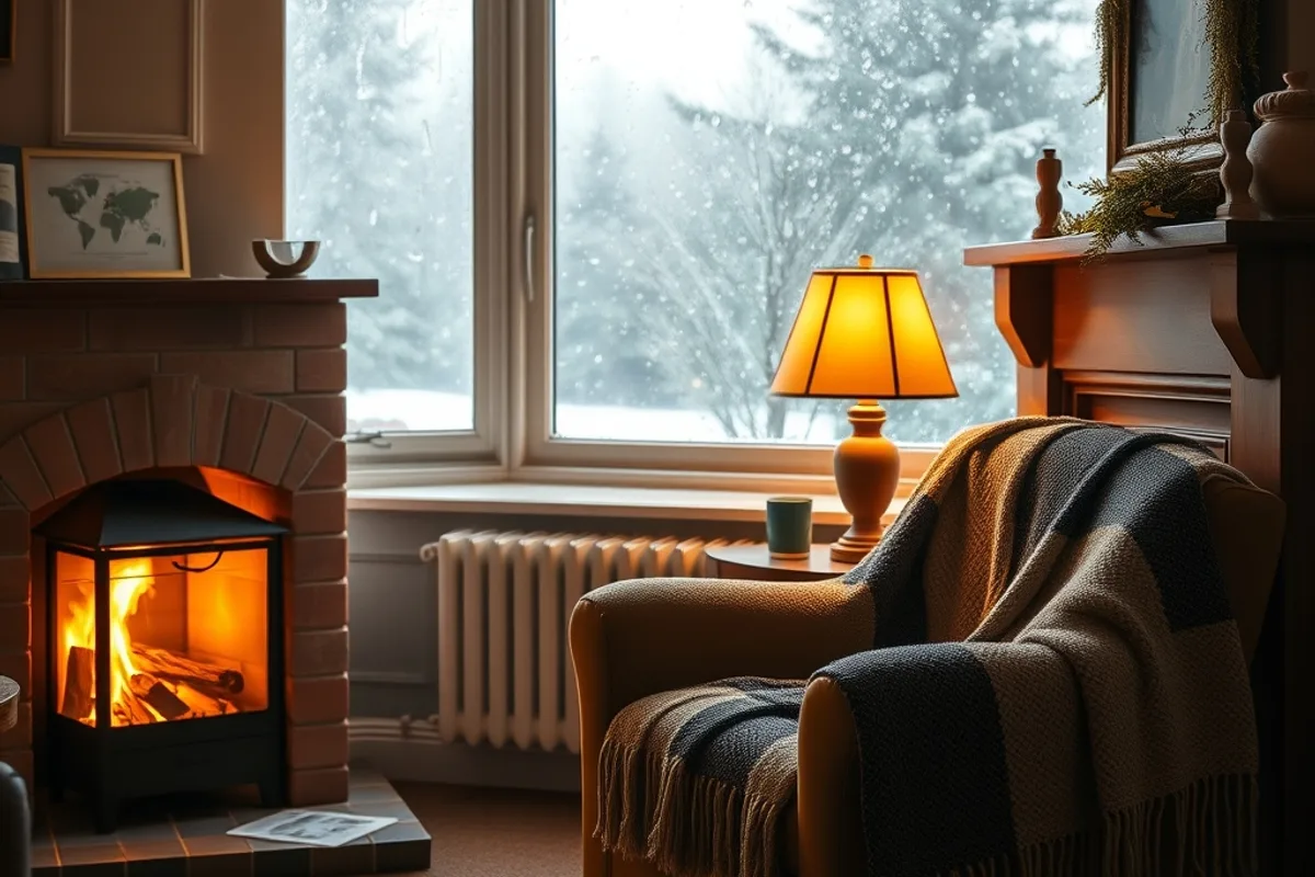 Cosy hotel lounge with a lit fireplace and wool blankets in the off-season