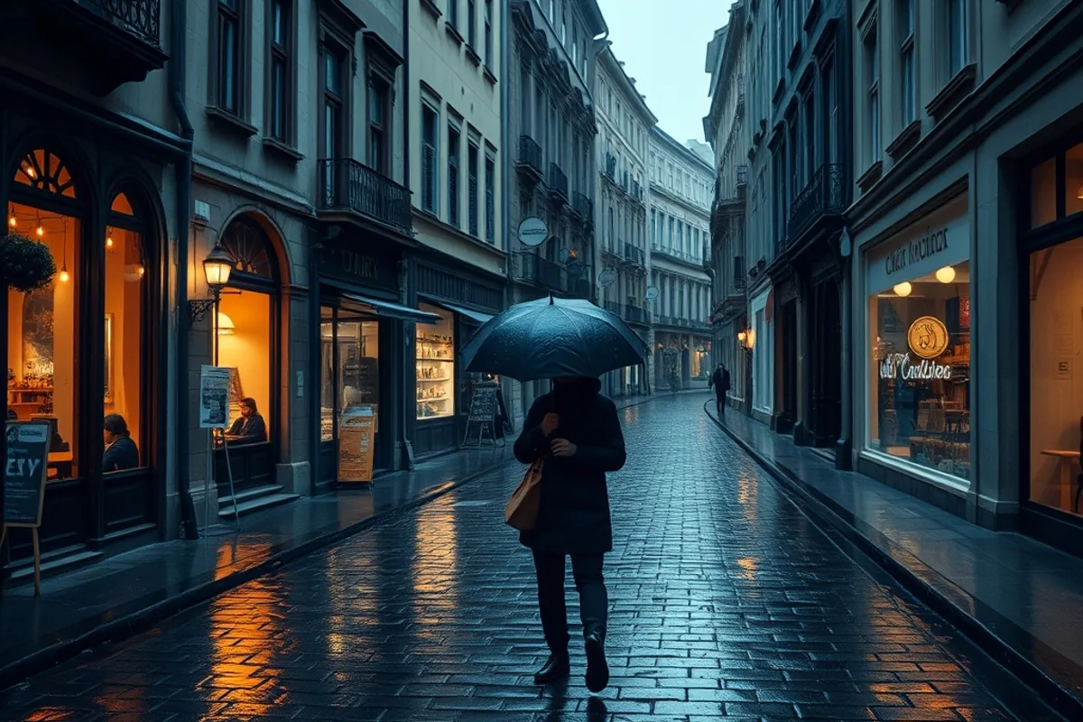 Rainy European old-town street with wet cobblestones and warm cafe windows