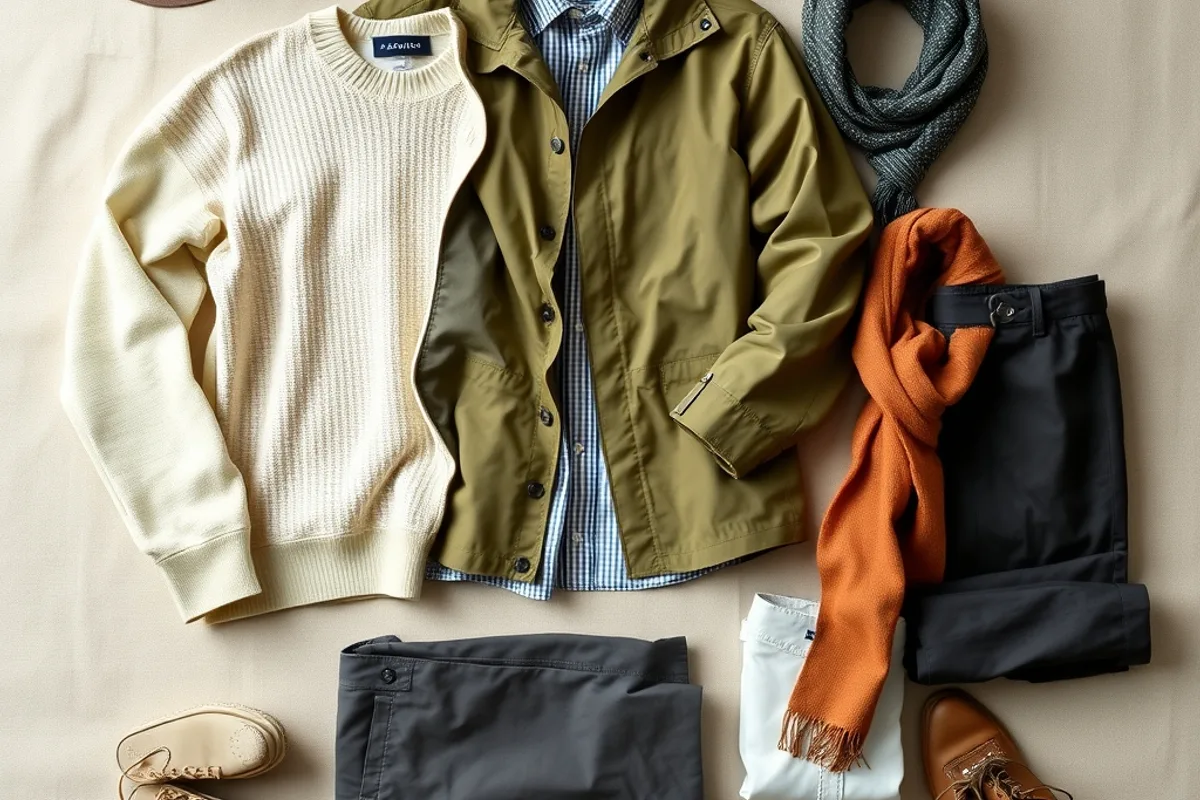 Flat lay of a capsule travel wardrobe with layers arranged on a neutral background