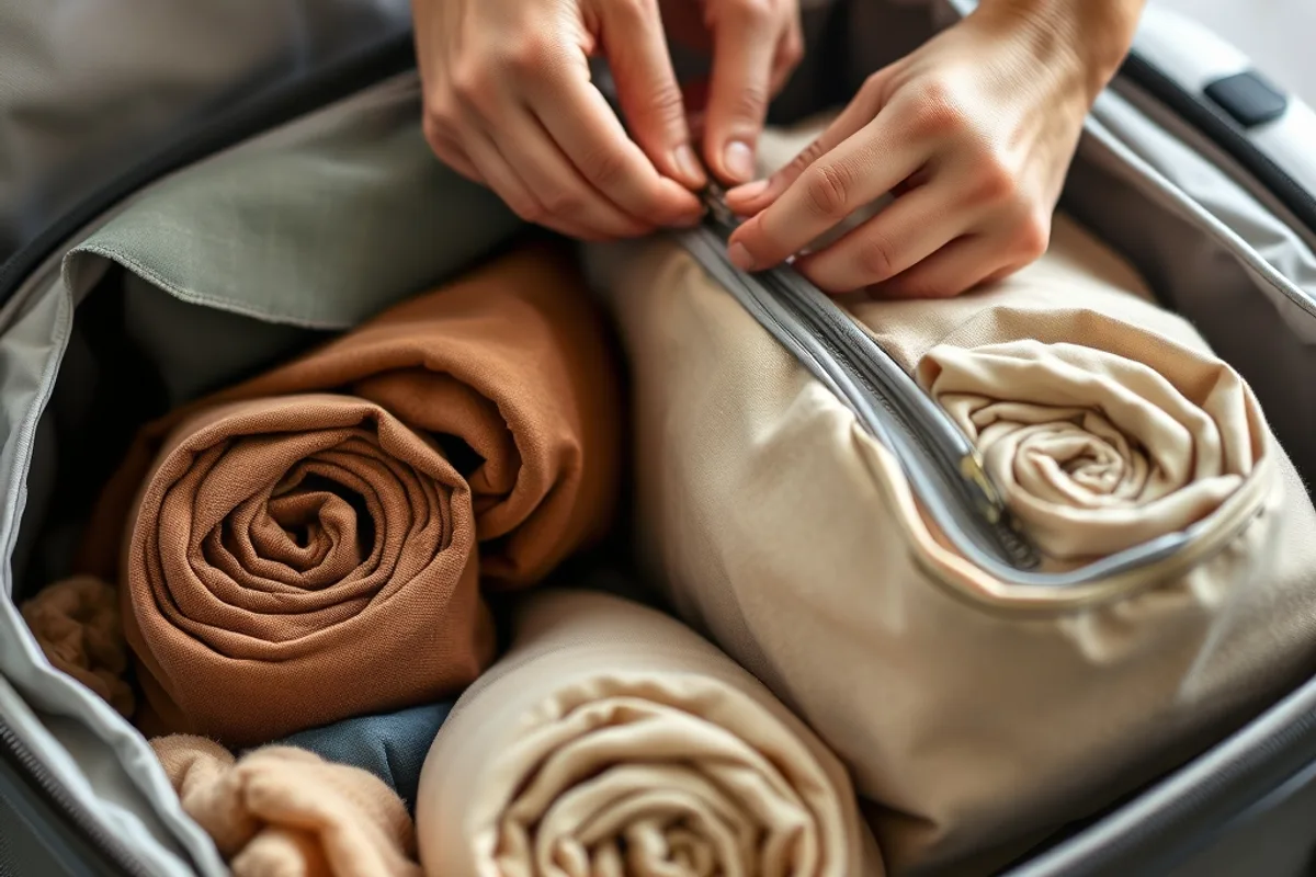 Rolled clothes packed into fabric packing cubes inside a carry-on suitcase
