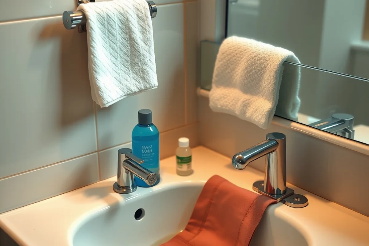 Hotel bathroom sink with a quick-dry shirt soaking and travel wash