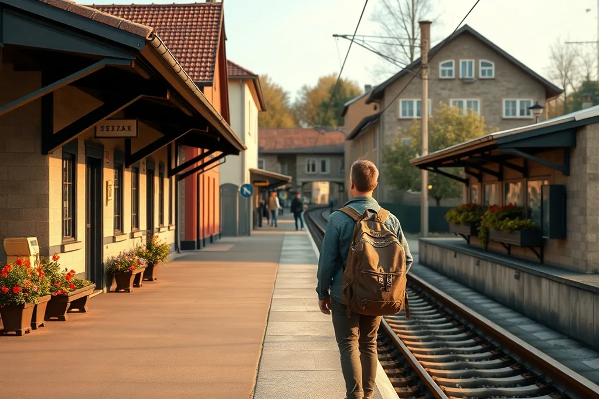 Traveller with a backpack waiting on a quiet regional railway platform