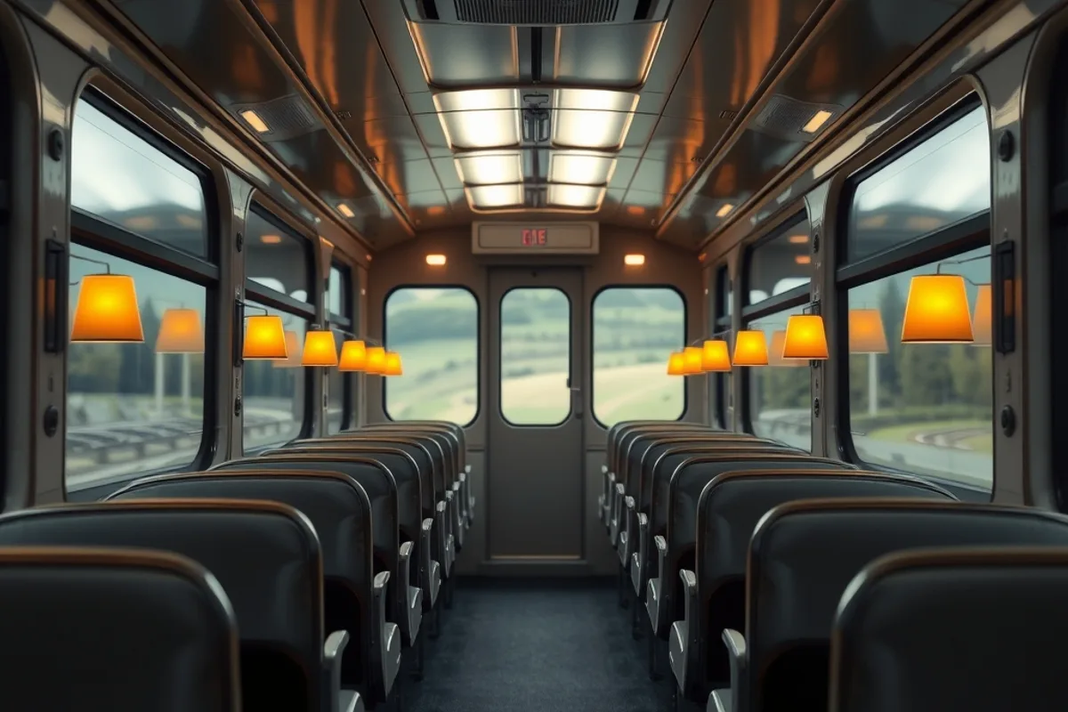 Calm train carriage interior with rows of seats and large windows