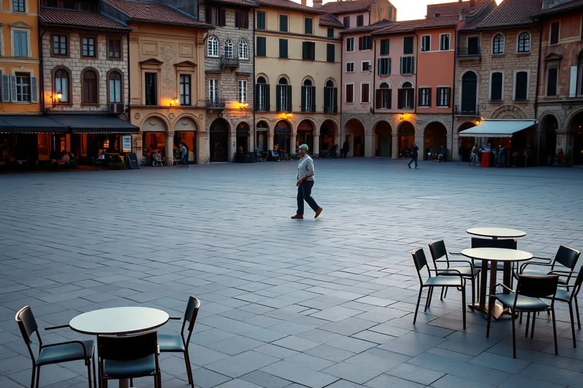 Empty old-town square at sunrise with warm light on stone facades