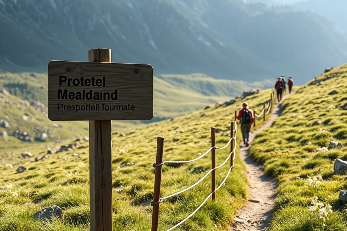 Wooden trail sign and rope fence beside a protected alpine meadow with hikers