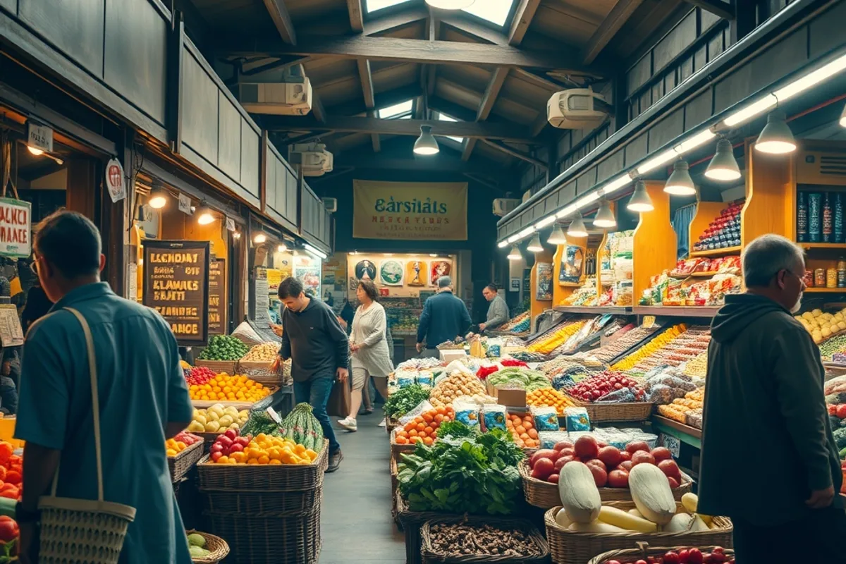 Local food market with a vendor arranging produce and shoppers with baskets