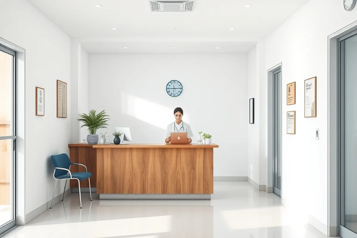 Small clean medical clinic reception abroad with a nurse in the background