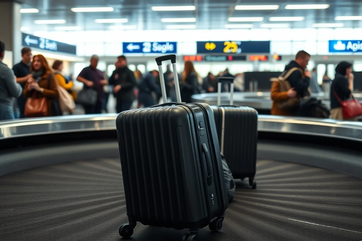 Delayed baggage carousel with unclaimed suitcases in an airport terminal