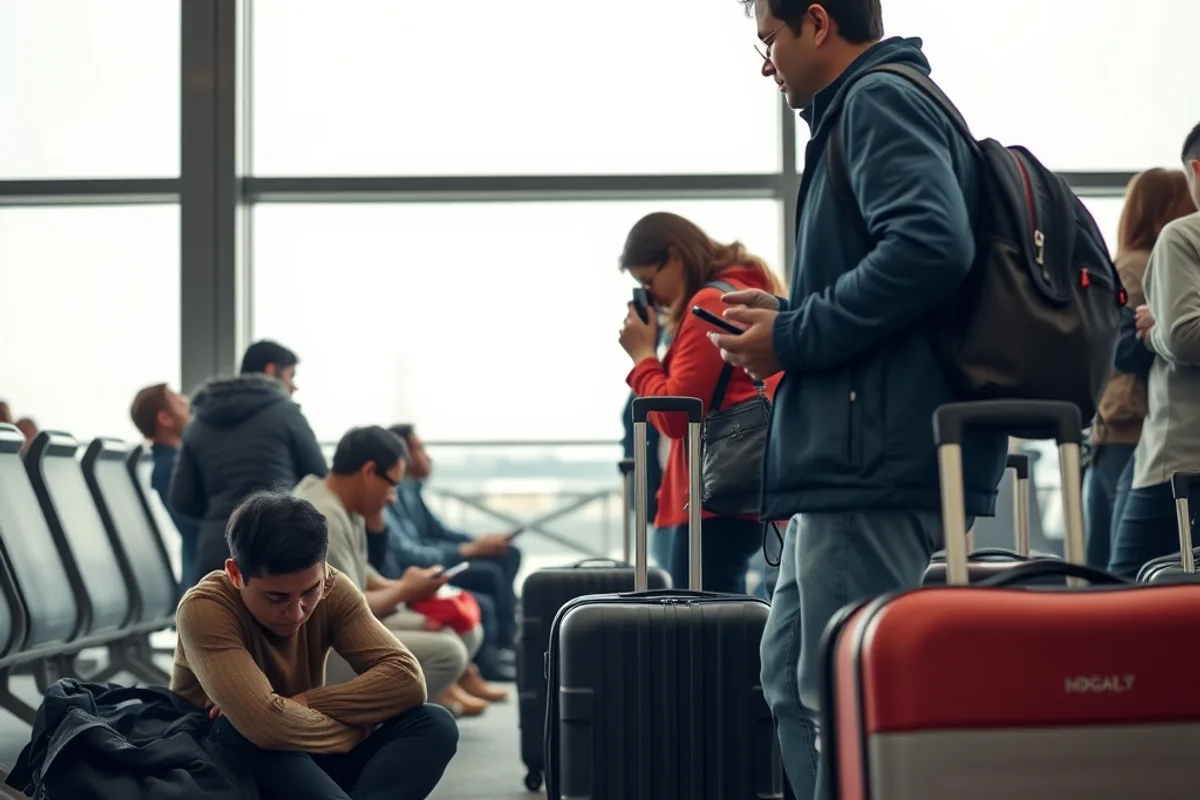 Passengers waiting at an airport gate with luggage during a delay
